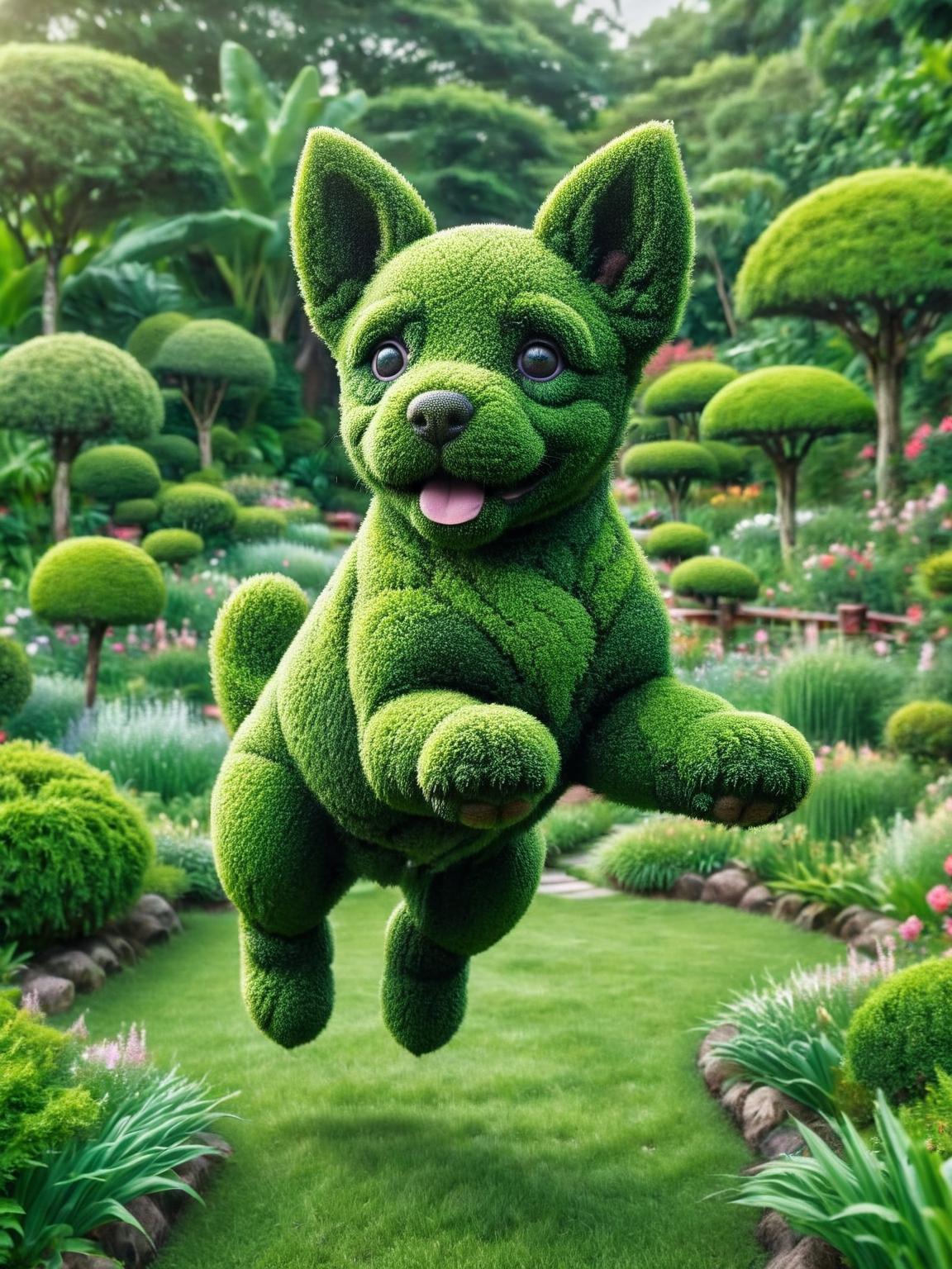 A playful ais-hdgrw puppy, playfully leaping amidst a vibrant garden. <lora:ais-hdgrw-sdxl:1>