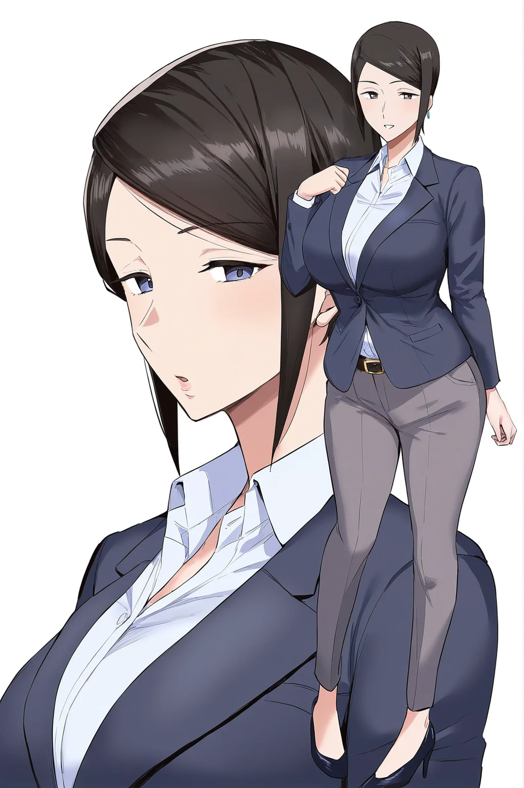masterpiece,aunt kana,1girl,breasts,pants,solo,formal,suit,shirt,belt,looking at viewer,collared shirt,mature female,high heels,office lady,portrait,<lora:Aunt_Kana:0.8>,aunt kana,