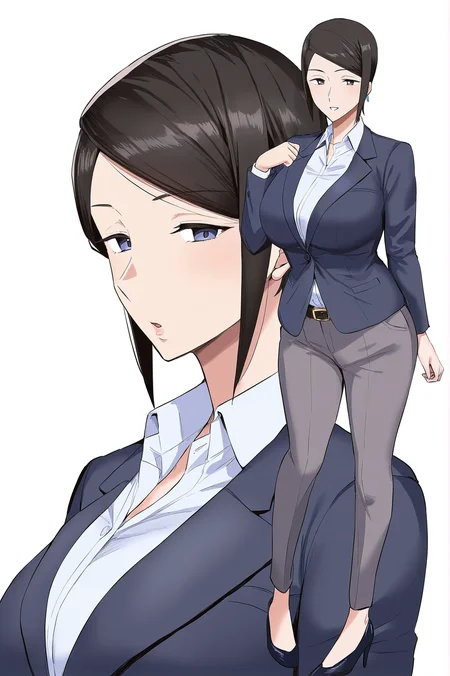 masterpiece,aunt kana,1girl,breasts,pants,solo,formal,suit,shirt,belt,looking at viewer,collared shirt,mature female,high heels,office lady,portrait,<lora:Aunt_Kana:0.8>,aunt kana,