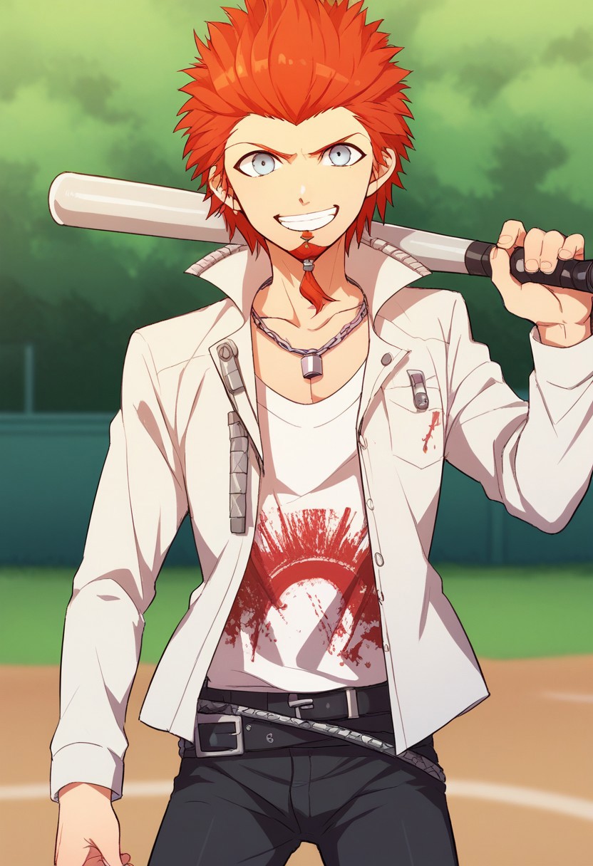 score_9, score_8_up, score_7_up, source_anime, highly detailed, 
leokuwata, 1boy, male focus, solo, smile, pants, facial hair, shirt, black pants, goatee, grin, white shirt, belt,
jewelry, spiked hair, open clothes, holding, collarbone, looking at viewer, necklace, outdoors,
day, baseball bat, short hair, cowboy shot, red hair, black belt, white jacket, teeth, open shirt, print shirt,