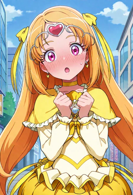 masterpiece, best quality, absurdres, very aesthetic, general,
cure muse \(yellow\), 1girl, solo, open mouth, pink eyes, blush, face, blonde hair, long hair, orange hair, eyelashes, looking at viewer, purple eyes, tiara, circlet, clenched hands, hands on own chest, hair ornament, eyebrows visible through hair, portrait, anime coloring, :o, surprised, embarrassed, full-face blush, sweat, yellow bow, yellow choker, brooch, frills, hair ribbon, yellow skirt, building, hair bow, cloud, yellow ribbon, bubble skirt, yellow neckwear, long sleeves, outdoors, shiny hair, yellow dress, heart earrings, city, sky, upper body, wrist cuffs, frilled capelet,
<lora:cure_muse_shirabe_ako_illustXL_locon_v1:0.7>