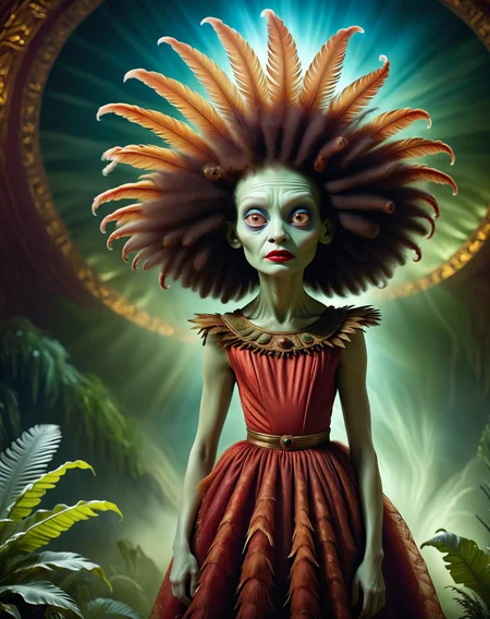 (((chiaroscuro, feature.alien, scifi.style dark dim scene of ((dreaming monster full-body portrait, realistic, fashion, crazy glamour scene, potpourri, straight-on, halo|no halo, , dress, horror (theme), (red theme:0.47), abstract background, surreal, abstract, floating hair, midriff, makeup :d, leaf, feathers, red lips , scenery, , no humans, afro, throne, absurdres, detailed, macro details, 8k, hyper realistic, texture surface details))) !, color photo, atmospheric, light and shadow, crepuscular, slight athmospheric mist of a band some of animals, depth at play where all inside of a <lora:Potpourri-v1e9:1>))) !
