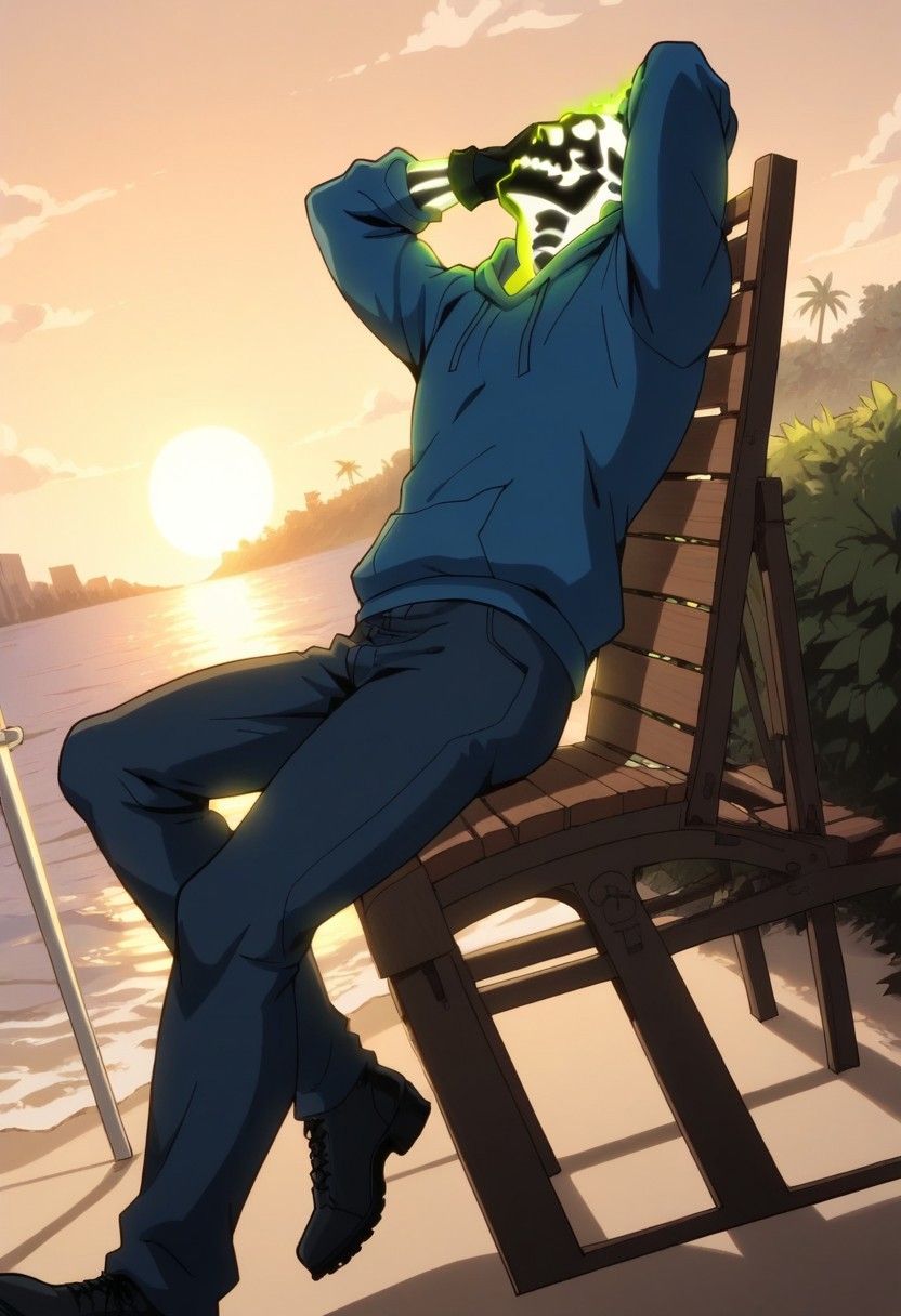 score_8_up, score_7_up, Expressiveh, masterpiece, best quality, best aesthetics, perfect anatomy, perfect proportions, high resolution, good colors, bright skin, good shading, countershading, well detailed background, BREAK, ,male focus, solo, mature male, fmale focus, 1boy, Doctor Phosphorus, Dr. Phosphorus, Skeleton, glowing, solo, BREAK, solo, afternoon, sunset, natural
lighting, orange theme, sun, summer
theme, male focus, beach chair, on
recliner, leaning back, looking away,
looking up, relaxing, smiling, 3SetClothes,black gloves, pants, boots, hood, hoodie,,,
legs apart, arms up, hands behind
head, 1boy, background: outdoors
beach, bush, palm tree, scenery, from
below, dutch angle, side view,