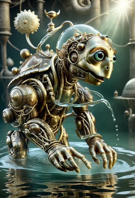 DonMSt34mPXL wisp, water dwelling creature, humanoid appearance with a turtle like shell, webbed hands and feet, beak located on head, dishl-ike depression on its head holding water, greenish scaly skin, strength, mischievous <lora:DonMSt34mPXL-000006:1>