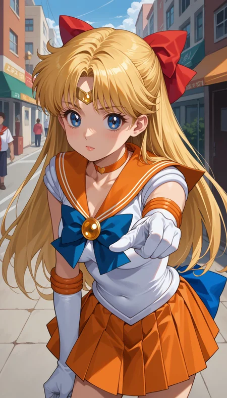 score_9, score_8_up, score_7_up, source_anime, ,outdoors, street, cowboy shot, leaning forward, pointing at viewer,
<lora:Sailor Venus:0.7> sailor venus, aino minako, blonde hair, red bow, blue eyes, jewelry, sailor senshi uniform, magical girl, elbow gloves, white gloves, orange sailor collar, orange skirt, orange choker, pleated skirt, blue bow, miniskirt, tiara, hair bow,