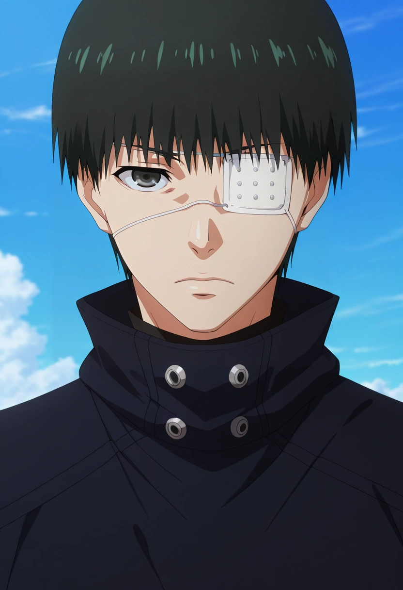 masterpiece, best quality, , anime screencap, , official style, , 1boy, solo, male focus, <lora:ken_kaneki_ilxl:1>, ken_kaneki, black hair, black eyes, short hair, bangs, eyepatch, , , , ,