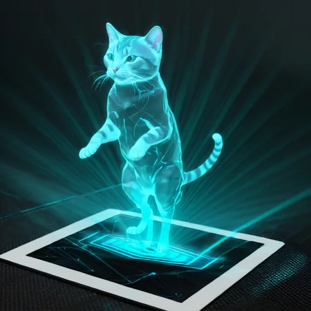 hologrameffect, a holographic cat is standing on a tablet screen <lora:hologram_effect:1>