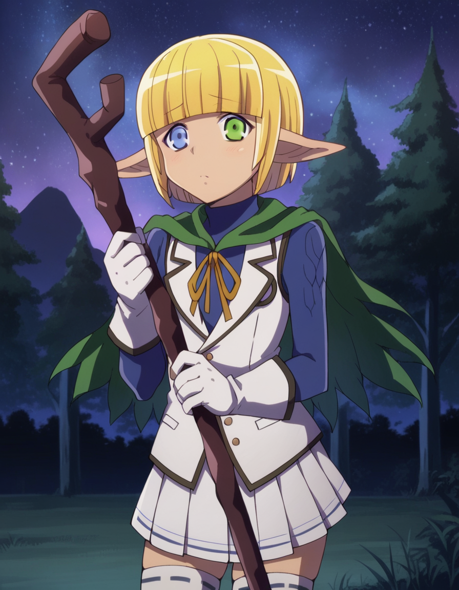 score_9, score_8_up, score_7_up, source_anime,
marebellofiora, <lora:mare-bello-fiore-ponyxl-lora-nochekaiser:1>,
mare bello fiore, short hair, bangs, blue eyes, blonde hair, green eyes, pointy ears, blunt bangs, heterochromia, elf, otoko no ko, dark elf,
skirt, thighhighs, gloves, pleated skirt, white gloves, cape, white thighhighs, zettai ryouiki, capelet, staff, crossdressing, holding staff,
outdoors, night, night sky, forest, nature,
looking at viewer,