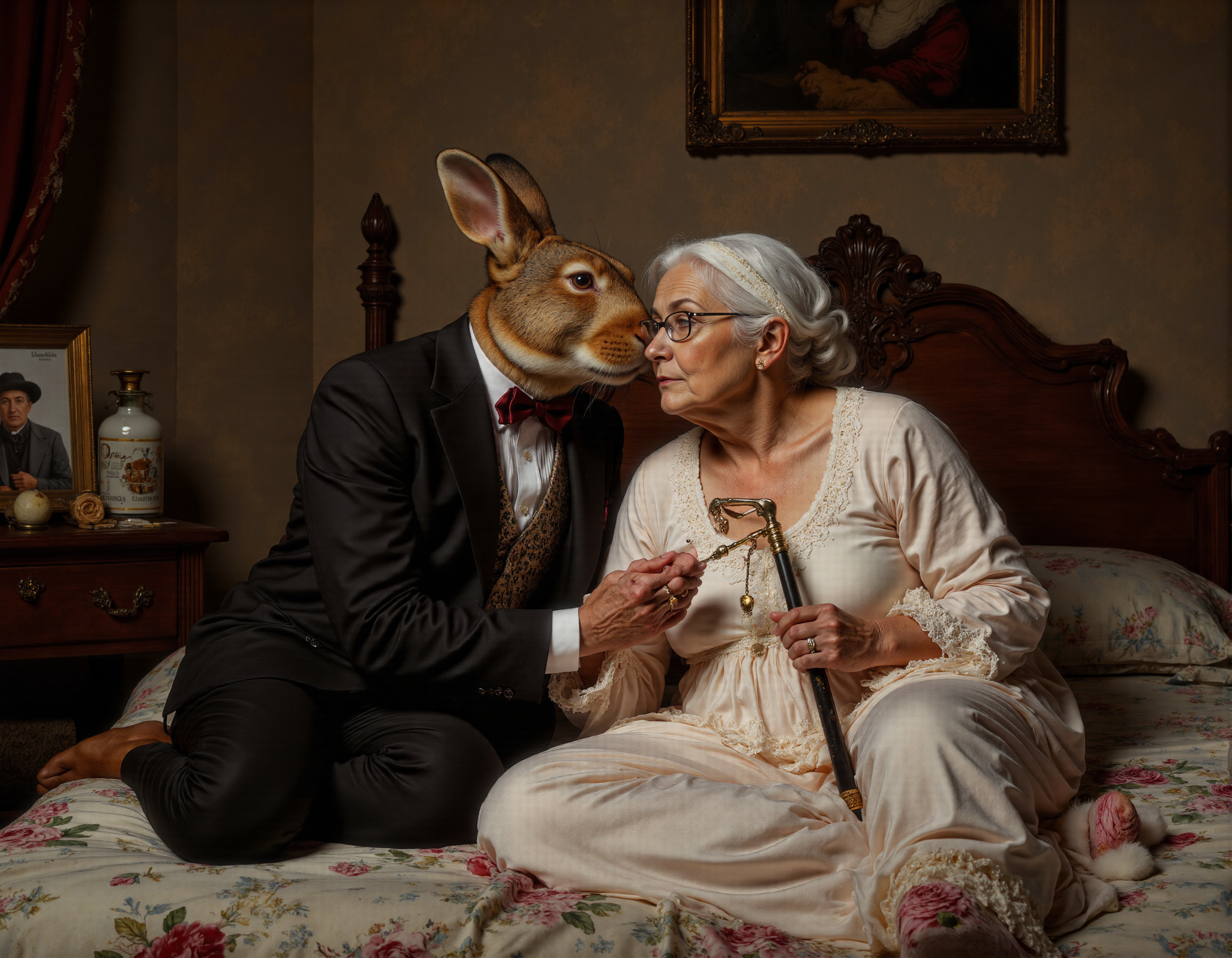 full body shot of Rembrandt style <lora:antr:1>, A comical and whimsical scene of an anthropomorphic rabbit and a quirky little old lady, both the same size, sharing a humorous yet affectionate moment on a cozy bedroom bed. The rabbit, dressed in a dapper suit with a bowtie slightly askew, leans in for an exaggerated dramatic kiss with the elderly woman, who is wearing a frilly nightgown, fluffy slippers, and a hairnet. Her oversized glasses are crooked, and she holds a cane topped with a heart-shaped charm, adding to the playful vibe. The bed is adorned with mismatched floral sheets and scattered rose petals, while funny details like a bottle of 'Grandmaâs Elixir' on the nightstand and a photo of them together in silly hats add to the humor. Soft lighting and charming decor create a warm, lighthearted atmosphere, while subtle comedic touchesâlike a mischievous cat peeking out from under the bed or a pair of dentures resting nearbyâenhance the absurdity . Baroque, chiaroscuro, realistic, emotional, "flat lighting. Whole outfit, clear, sharp, balanced