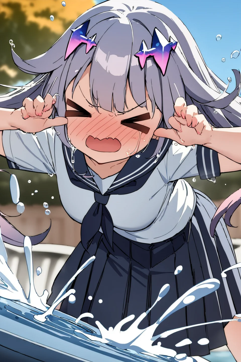 1girl, koseki bijou, hololive, masterpiece, best quality, absurdres, sailor uniform, water splash, on park water fountain, intricate detail, fall behind pose, >_< face