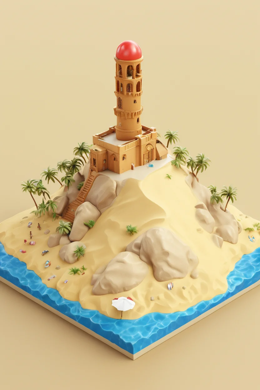 ((masterpiece, best quality)), high resolution, highly detailed, realistic, IsometricDesert, simple background, tree, no humans, beach, sand, palm tree, island, tower, dome, platform, <lora:IsometricDesertXL:0.8>,
