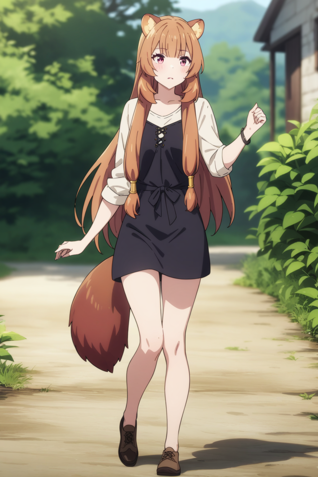 casual clothes, tny-raphtalia, raccoon tail, (full body), solo, 1girl, outdoors, masterpiece, best quality, very aesthetic, absurdres, recent <lora:tny-raphtalia-V02-000003:0.5>