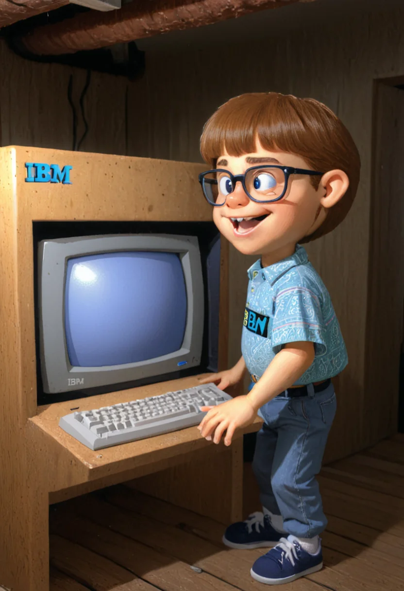 <lora:3D_Movie_Maker_XL:1.1> a 1990s nerd boy playing on his IBM compatible PC in his wood panel basement