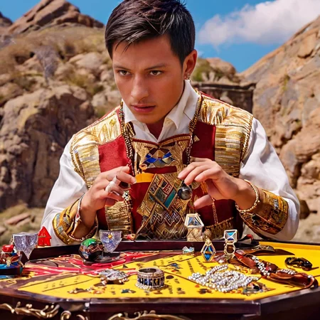 <lora:guatemala:1.25> a young man with jewelry playing a game before a mountain, tack sharp, 4k, masterpiece