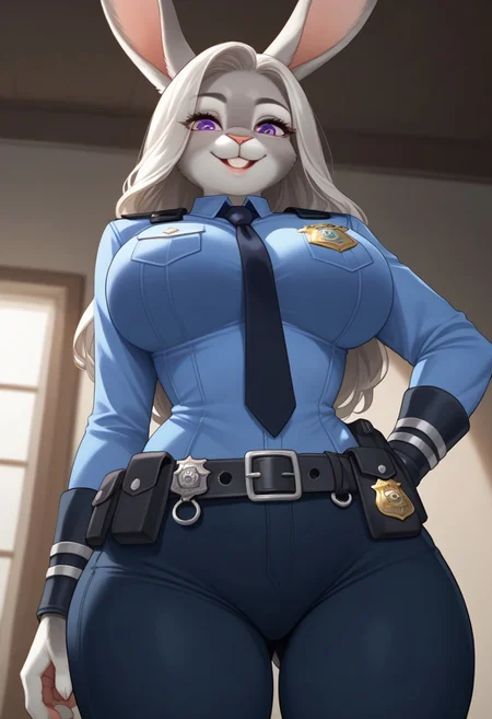 score_9, score_8_up, score_7_up,  source_anime, highres, masterpiece, 4k, cinematic lighting, 1girl, Expressiveh, detailed face, detailed eyes, shiny skin, shiny hair, breasts,  large breasts, mature female,1girl, solo, <lora:judyhoops-08:0.8>, judyhoopsSDXL, looking at viewer,smile,purple eyes,animal ears,tail,belt,rabbit ears,uniform,blue shirt,furry,rabbit,rabbit girl,furry female,toeless legwear,police,police uniform,policewoman,cowboy shot,room,room background,cowboy shot, from below,Adetailer
<lora:detailed_hands:1> <lora:mfcgXL:0.8>