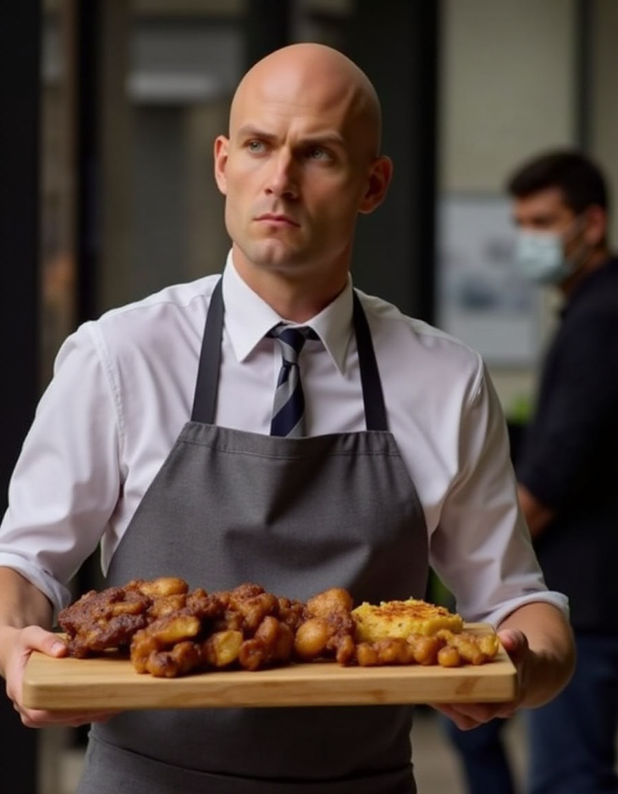 bald. waiter carrying cooked food to someone,serious facial expression,<lora:Hitman (World of Assassination)_epoch_5:1>,
