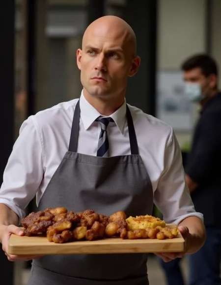 bald. waiter carrying cooked food to someone,serious facial expression,<lora:Hitman (World of Assassination)_epoch_5:1>,