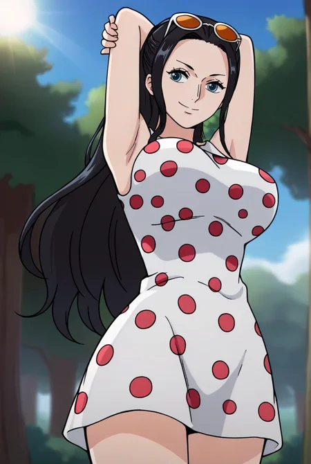 score_9, score_8_up, source_anime, BREAK solo, 1girl, looking at viewer, cowboy shot,
<lora:NicoRobinAIOPostPart3PdxlDwnsty-000008:0.8>, advofnebtwonr, blue eyes, black hair, hair slicked back, long hair, ponytail, sunglasses, eyewear on head, short dress, sleeveless dress, polka dot dress, white dress,
large breasts, smile, arms behind head, from below,stretching,
outdoors, nature, forest, sunlight, blue sky,