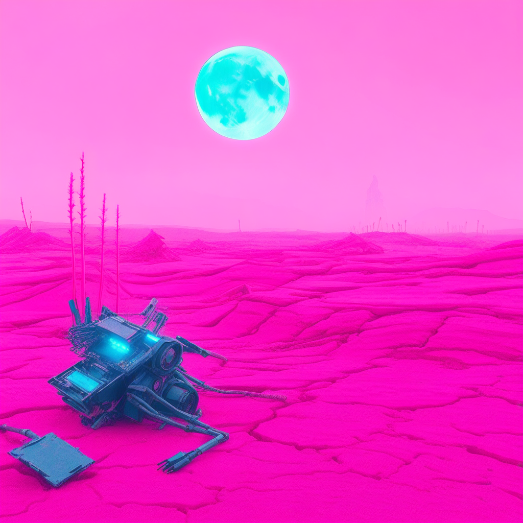 ground vehicle, blue sky, pink theme, full moon, cable, solo, robot, scenery