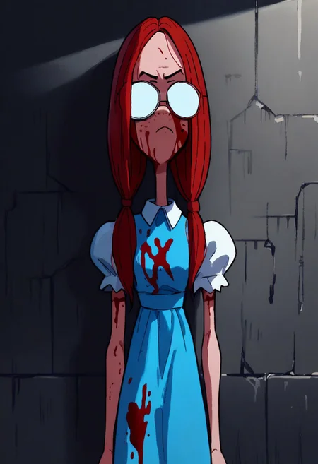score_9, score_8_up, score_7_up, source_anime BREAK Gretchen, 1girl, red hair, long hair, twintails, opaque glasses, freckles, serious, closed mouth, blood, blood on clothes, smeared blood, blood on azure dress, blood on cheek, dark alley background, digital painting, horror theme, looking away, small breasts, narrow waist, wide hips, highres, high quality, masterpiece,