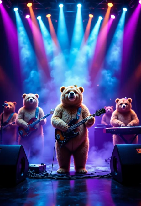 Wide angle. Live house stage. Five lovely bear bands are playing on stage. The bear in the center is the vocalist, wearing a ribbon on his head. The other bears are guitar, bass, drums, and keyboard. Lights and lasers of various colors from the upper rear, spotlight in the center.
Smoke on stage, stage decorated with neon glow.
Huge speakers at both ends of the stage, neon lights on the speakers.
Front of the stage
Translated with DeepL.com (free version)
aidmafluxpro1.1,fntsylghtshwCE_style