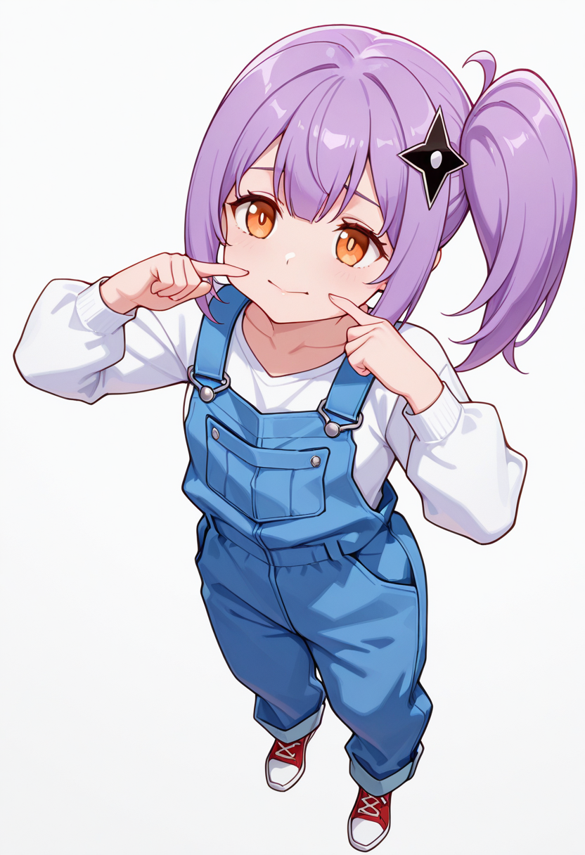 masterpiece,high quality details, absurdres,
 <lora:Satoko_Kusagakure:0.9>
satoko_cnr, 1girl, purple hair, long hair, side ponytail,orange eyes,hair ornament,sidelocks,enh_cnr,
satoko_s2, collarbone,overalls,white shirt, long sleeves, pants, red footwear, shoes,, simple background, white background, dynamic angle,solo,, sad,fingersmile,, | |,