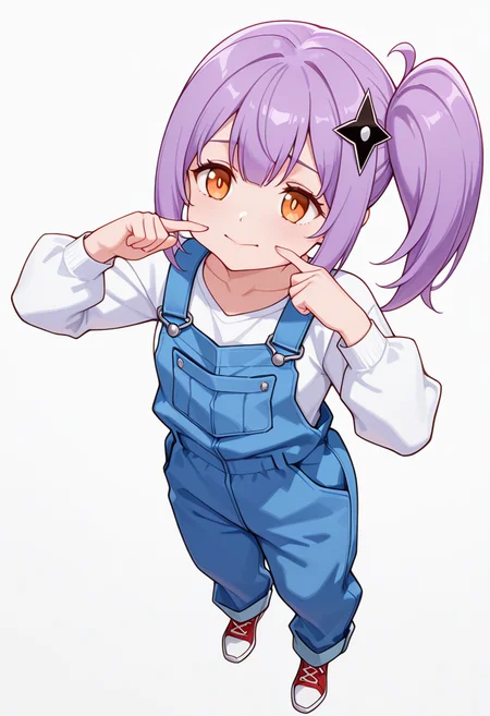 masterpiece,high quality details, absurdres,
<lora:Satoko_Kusagakure:0.9>
satoko_cnr, 1girl, purple hair, long hair, side ponytail,orange eyes,hair ornament,sidelocks,enh_cnr,
satoko_s2, collarbone,overalls,white shirt, long sleeves, pants, red footwear, shoes,, simple background, white background, dynamic angle,solo,, sad,fingersmile,, | |,