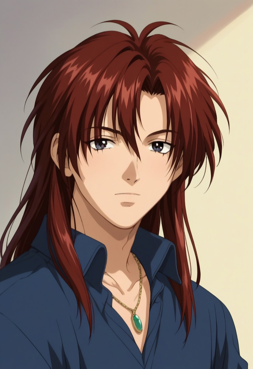 score_9, score_8_up, score_7_up, source_anime, highly detailed, 
HiroshiNakano, 1boy, solo, male focus, black eyes, long hair, red hair, upper body, shirt, blue shirt, jewelry, necklace,