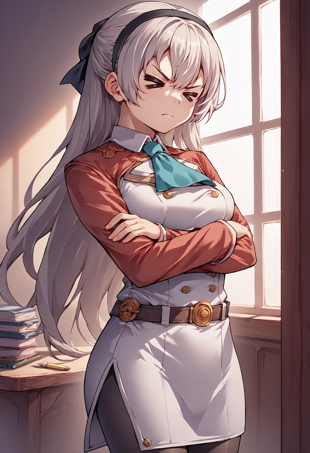 score_9, score_8_up, score_7_up, source_anime, 1girl, > <, closed eyes, <lora:Excitement_Expression_XLPD:1.8>, <lora:elie-pdxl-nvwls-v1:1> zeroElie, black hairband, hair ribbon, long hair, ascot, uniform, long red sleeves, white dress, pencil skirt, belt, black pantyhose, cowboy shot, indoors, crossed arms,