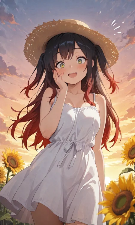 masterpiece, cute, lovely, (best quality:1.3), (amazing quality:1.3), very aesthetic, 1girl, solo, happy, smile. open mouth, high gradient eyes, long hair, green eyes, (red and black hair), very long red hair, streaked hair, multicolored hair, gradient hair, two side up, sidelocks, BREAK, sunflower field. sunflower plantation, sunset, smile, BREAK, summer dress, summer hat, white dress, straw hat, sunset, cowboy shot, view from below, dynamic angle, (surprise, surprised face, one hand on face, take by surprise, pretending to be surprised), (naughty girl:1.2)