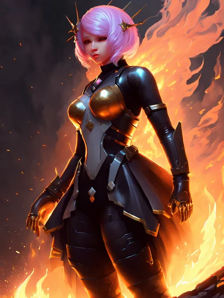 dark cyberpunk digital painting full body portrait of newtkn alisabcnv, art by midjourney, ultra detailed burning place, glowing fire particles around