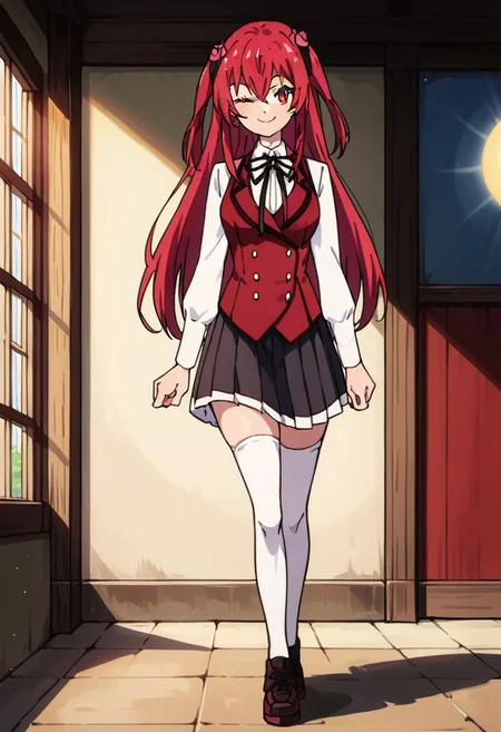 score_9, score_8_up, score_7_up, score_6_up, source_anime, anime coloring, smile, full body, <lora:Amelia_Rose:1> amelia_rose, red hair, solo, red eyes, school uniform, white thighhighs,
walking by the street of small village, 3/4 side view, wide smile, winking,  looking at viewer, full body view, close view, sexy pose, beautiful background, sun rays