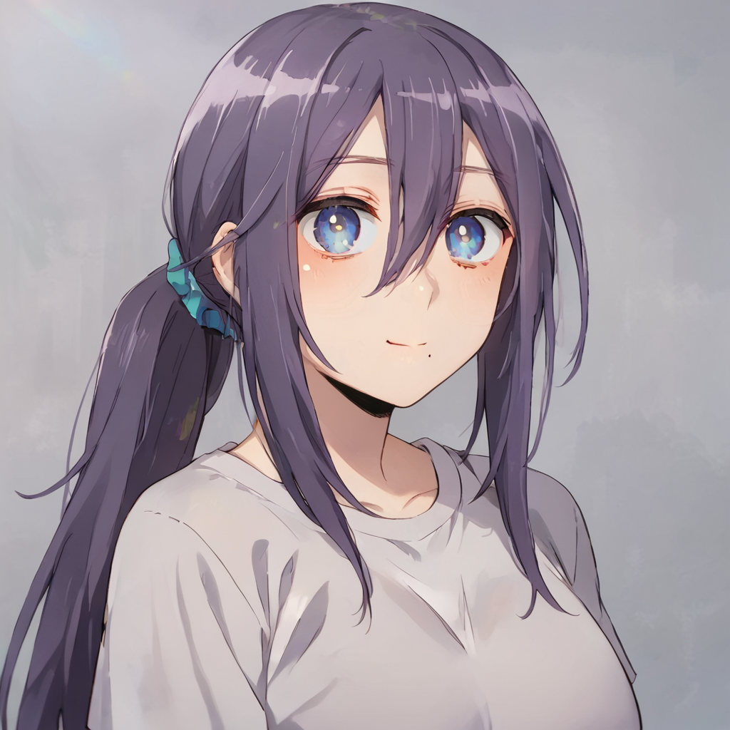 score_7, score_7_up, score_9, score_9_up, BREAK,
 1girl, morioka moriko,, huge breasts,   smiling, mole under lip, closed mouth, white t-shirt,  ponytail, blue eyes, bust portrait, looking at viewer, purple hair,
<lora:detail_eyes:0.8> <lora:Morioka_Morikofinal:0.8>