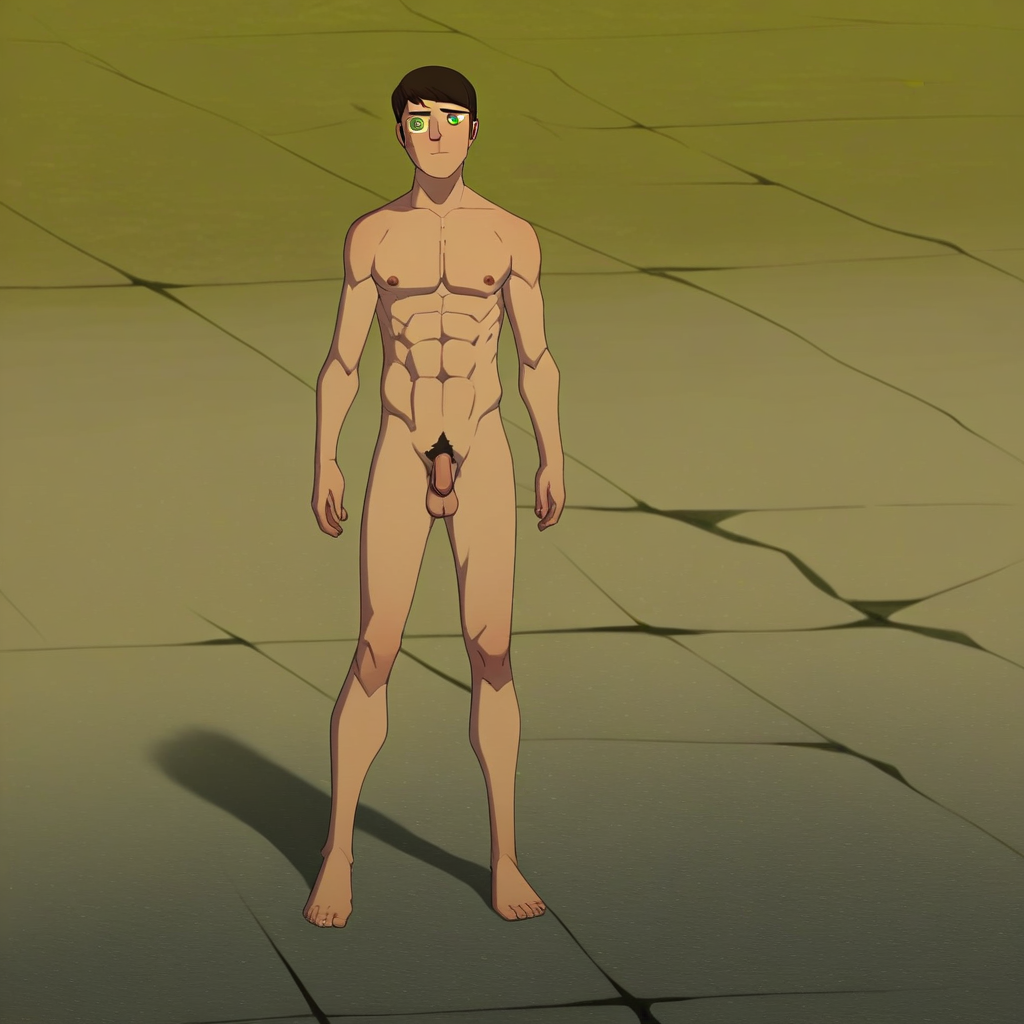 Ben, 1boy, male focus, solo, short hair, brown hair, green eyes, pubic hair, completely nude, abs, penis, balls, standing,  score_9, score_8_up, score_7_up, score_6_up <lora:vinceteaa_020_04v2-step00000400r:1> good face, good eyes, looking at viewer, full body, standing,