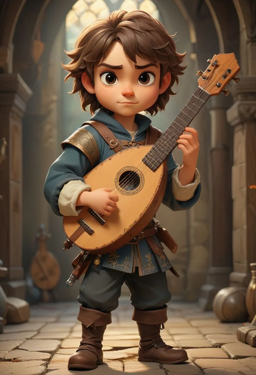 Medieval male musician holding a lute, chibi