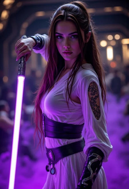 realistic, PHOTOREALISTIC, ((perfect anatomy)), (futuristic warrior wielding purple lightsaber:1.3), ((sexy dynamic pose:1.3)), 25 years old, perfect quality, high quality,(sci-fi, star wars, jedi knight, empress, married), Jaina solo, big brown eyes, dark brown hair, long straight intricate hair, athletic female, ((fitness models, muscle detail, detailed muscle)), long athletic muscular legs, athletic round muscular butt, athletic hips, perfect breasts, perfect body, epic, long hair, intricate hairstyle, cute, soft skin, soft skin, textured skin ,shining glossy skin, soft abs, athletic waist, (slender body), dynamic angle, dynamic, dynamic shot, sci-fi, futuristic, ((intricate transparent flowing sheer jedi robes showing sexy body underneath:1.2, armor parts on body:1.2, marble armor:1.2, greave, boots)), glowing Kintsugi tattoos on body:1.3, Expressiveh, (volumetric lighting:1.2), cinematic, cinematic lighting, reflections, ultra hd, visual effects, graphic effects, ambient occlusion, raytracing, soft lighting, realistic, blum effect, masterpiece, absolutely eye-catching, particles, glow, shining, (intricate cinematic background, fighting in a sci-fi palace, large windows futuristic city in background, dealing unseen sith lord swinging lightsaber at them, dimly lit room, god rays), (beautiful cute face), aidmaMJ6.1, aidmaimageupgrader, aidmaHyperrealism, aidmafluxpro1.1, Perfect hand, Detailed hand