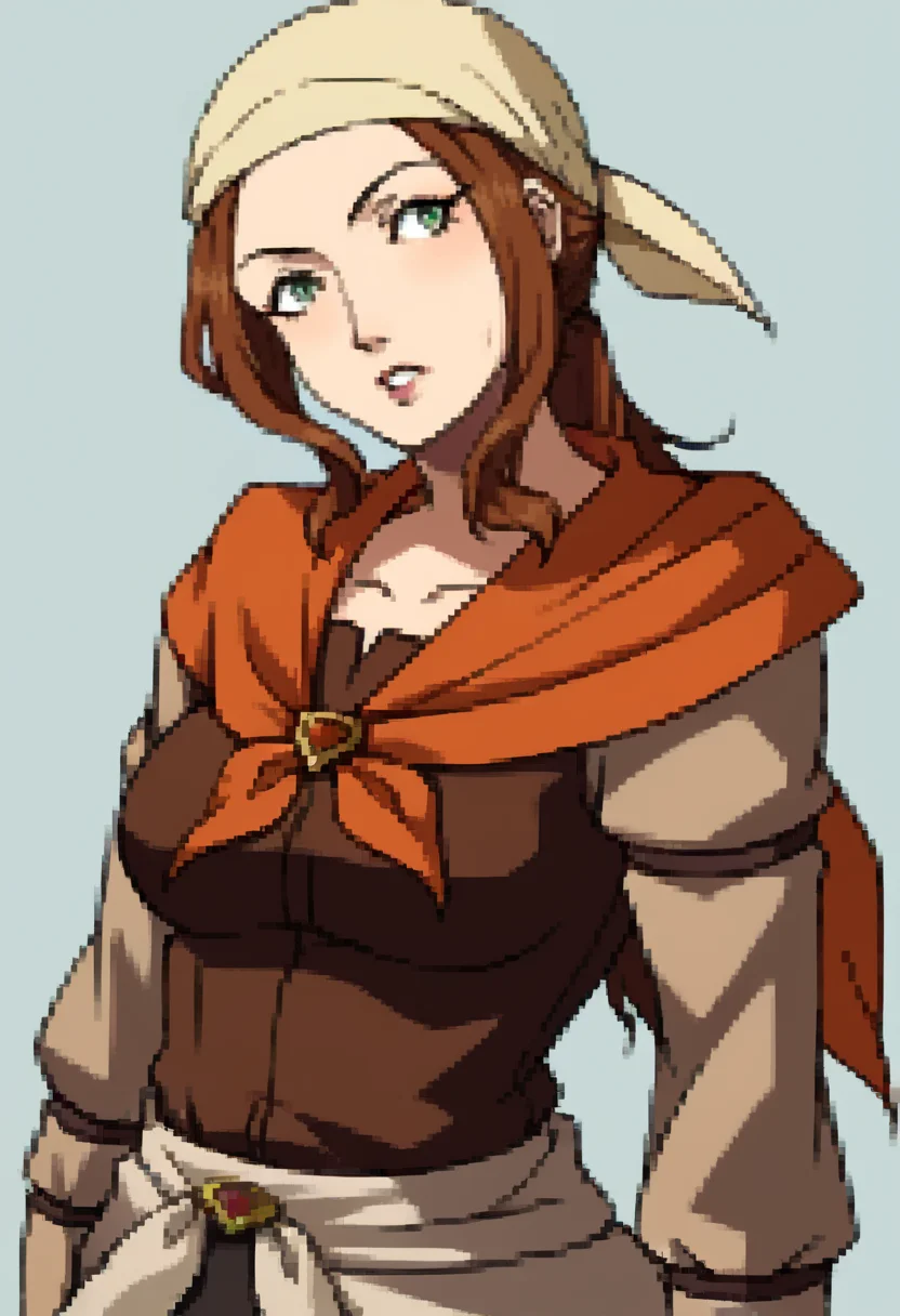 score_9, score_8_up, score_7_up, source_anime, BREAK ,solo, 1girl, <lora:P2-Protraits-pdxl_Fp:1>, portrait, simple background, <lora:Fates-villager-maiden-pdxl_Fp-000005:1>, fatesvillagemaiden, ponytail, bandana, brown hair, green eyes, brown shirt, long sleeves, neckerchief, pants, large breasts,