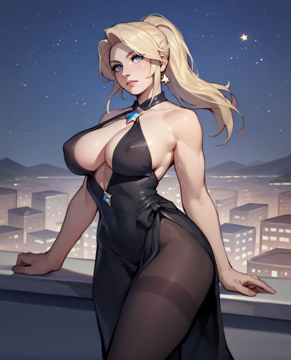 score_9,score_8_up,score_7_up,score_6_up,
sarahxl,blue eyes,blonde hair,ponytail,cleavage,large breasts,covered nipples,
gem,black dress,pantyhose,
night sky,stars,city,
<lora:SarahBXL:0.8>,