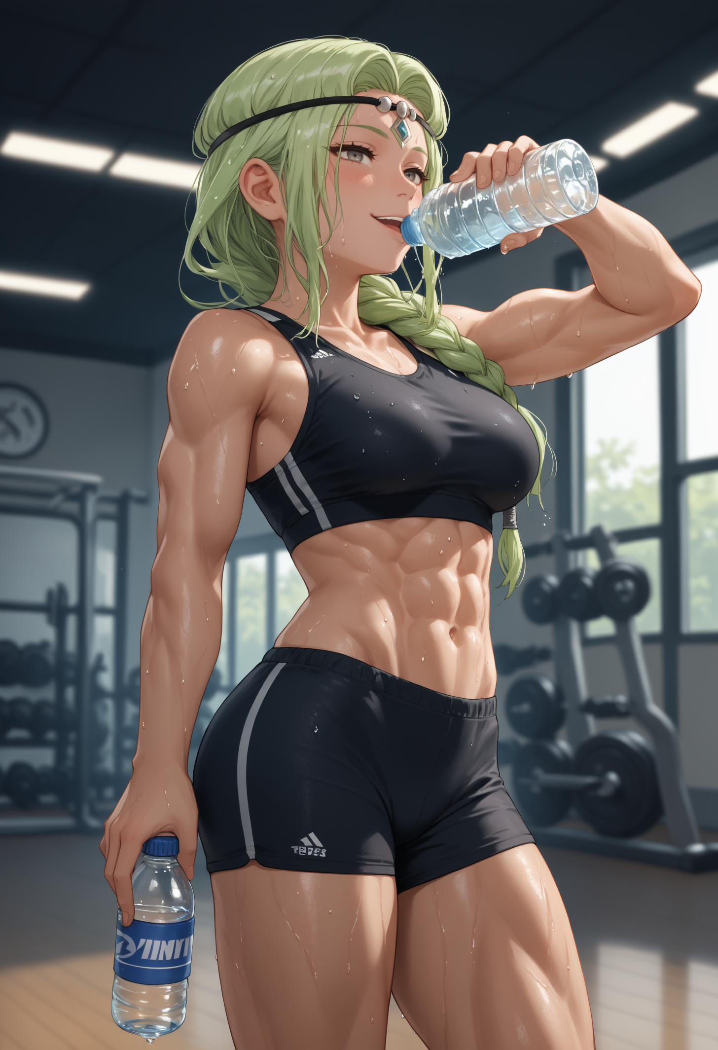 score_9, score_8_up, score_7_up, 1girl, FENottRND, grey eyes, green hair, long hair, single braid, large breasts, toned, abs,
grey circlet, navel, wet body, sweat, black sports bra, sports shorts, sportswear,
looking at viewer, smirk, smile, bedroom eyes, blush, thighs, holding bottle, drinking, water bottle, bottle in mouth, open mouth, water in mouth, arm up,
indoors, gym, side view,
<lora:FENottPDXL_V1-Manityro-CAME:1.0>,