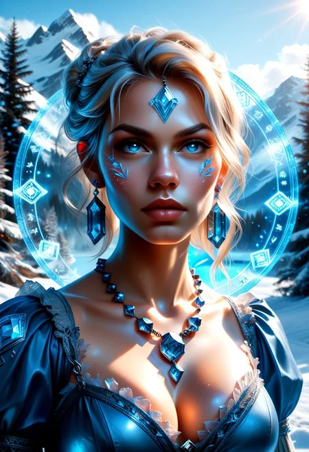 zPDXL2:2, zPDXLrl:2, Expressiveh, ral-crystalz, uncensored, masterpiece, hyper detailed, best quality, dramatic lighting, crisp image, clear image, ultra-high details, ultra realistic, vivid colors, vibrant colors, high detail, detailed face, photography, cinematic, cinematic lighting:2, 1girl, solo, long platinum blonde hair, blue eyes, diamond ear rings, dress made of crystals, crystal necklace, cleavage, large breasts, evil expression, (blue Glowing Runes on skin, blue Glowing Rune Circle, blue magic circle), closeup, body portrait, mountains, snow, trees, blizzard, fantasy,