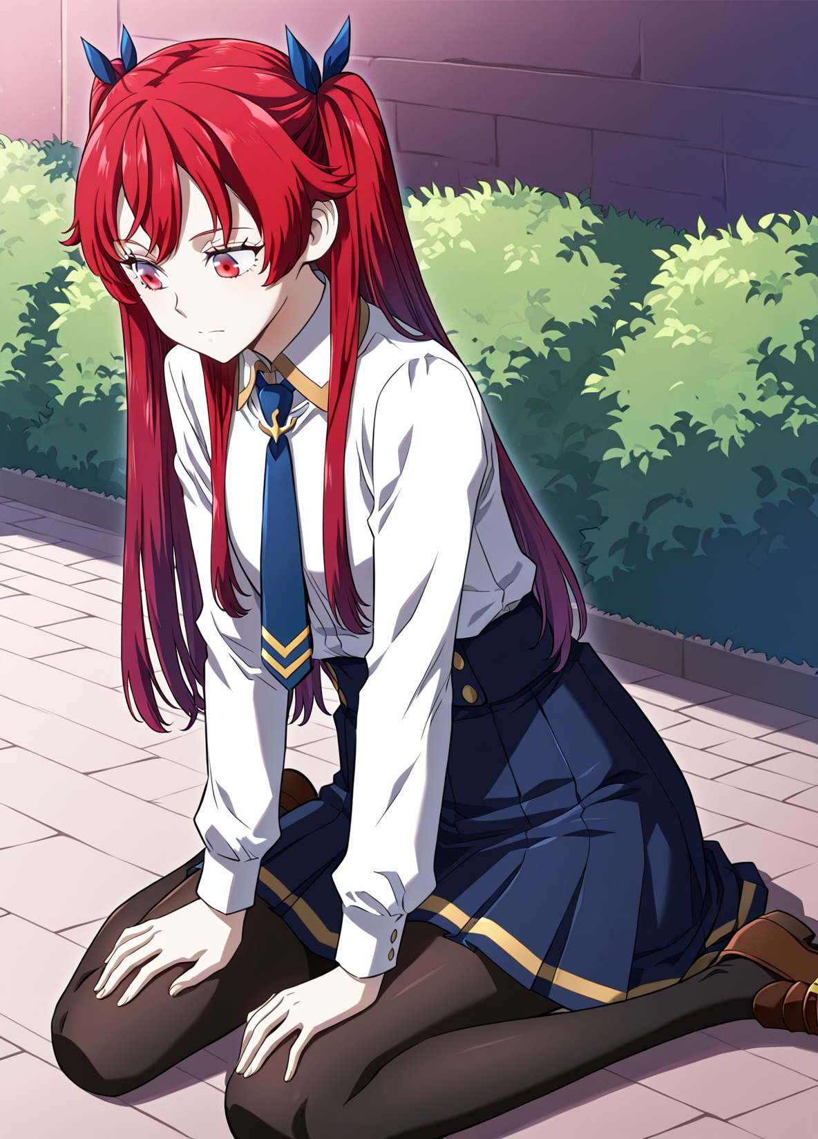 <lora:Camus Morgue _ Revenge of the Iron-Blooded Sword Hound _ Illustrious_epoch_7:1>
Camus_Morgue_young, 1 girl, solo, round face, large red eyes, fair skin, petite build, small breats, long red hair, straight hair, twin ponytails, front bangs, slight purple gradient tips, 
white school uniform shirt, small gold-trimmed collar, high-waisted navy skirt, black tights, blue necktie, blue ribbon hair ties,  brown shoes
score_9, score_8_up, score_7_up, masterpiece, best quality, absurdres, perfect anatomy, 1girl, solo, wariza, sitting, hands on own knees, garden background