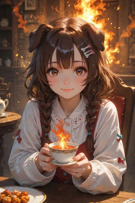 looking at viewer,detailed background,Cinematic Lighting,film grain,score_9,score_8_up,score_7_up,masterpiece,best quality,highly detailed,
<lora:(增强)sdxl_lightning_8step_lora:1>,<lora:glowneon_xl_v1:1>,glowing,<lora:Expressive_H:0.8>,Expressiveh,<lora:th3rm4lXLP:0.4>,th3rm4l,colorful,
1girl,animal ears,brown hair,smile,cup,virtual youtuber,solo,dog ears,brown eyes,(fire:1.2),inugami korone,holding,bangs,sitting,long sleeves,teacup,blush,food,chair,table,sweat,indoors,closed mouth,dog girl,chibi,looking at viewer,(burning:1.2),