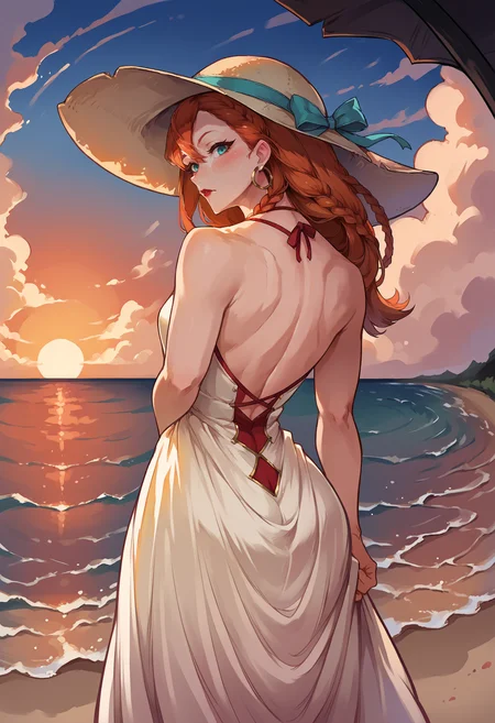 score_9, score_8_up,score_7_up, source_anime, rating_safe, 1girl, solo, <lora:EPmhrMinayle:1>, EPmhrMinayle, orange hair, long hair, braid,side braid, hair between eyes, aqua eyes, hoop earrings, red lips, from behind, white dress, looking back, blush, arms behind back, bare shoulders, female focus, looking at viewer, hat, back, dress, sundress, outdoors, sun hat, sky, sunset, ocean, reflective water,