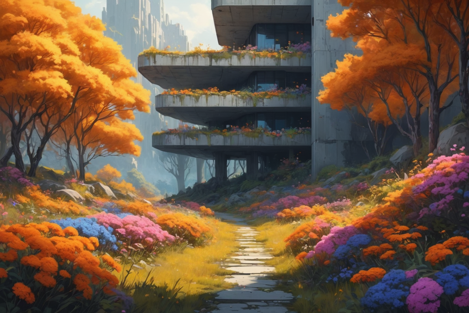 masterpiece, overgrown brutalism, Amber glow, glowing trees, colorful flowers, breathtaking landscape, concept Art, illustration, ultradetail trending on Artstaion 4x 4-s120W <lora:Overgrown_Brutalism_SDXL:.8>