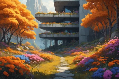 masterpiece, overgrown brutalism, Amber glow, glowing trees, colorful flowers, breathtaking landscape, concept Art, illustration, ultradetail trending on Artstaion 4x 4-s120W <lora:Overgrown_Brutalism_SDXL:.8>