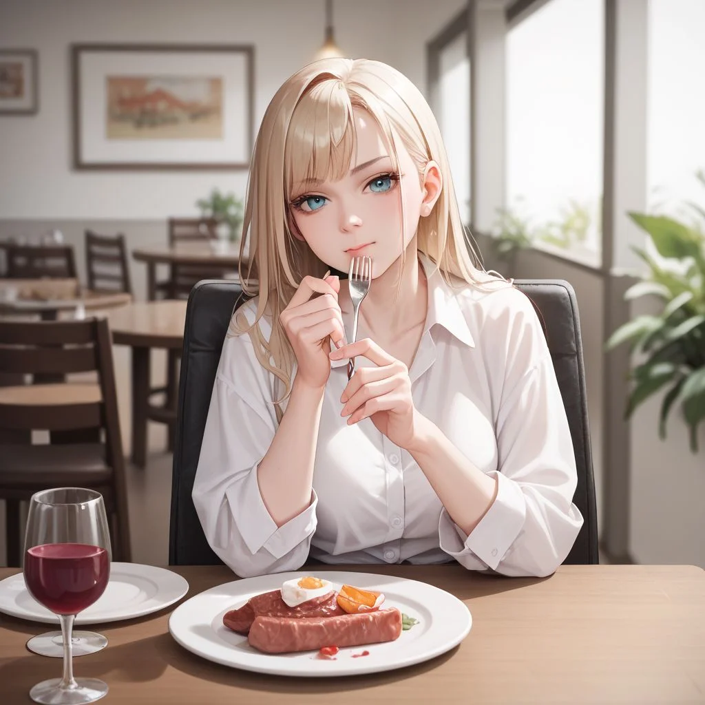 score_9, score_8_up, score_7_up, CONCEPT_PovDating_ownwaifu, 1girl, holding fork, food, plate, looking at viewer, drinking glass, cup, phone, table, indoors, sitting, restaurant, wine glass, smartphone, chair, blurry, meat, eating, pov across table, pov dating