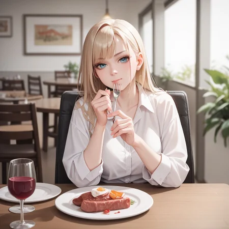 score_9, score_8_up, score_7_up, CONCEPT_PovDating_ownwaifu, 1girl, holding fork, food, plate, looking at viewer, drinking glass, cup, phone, table, indoors, sitting, restaurant, wine glass, smartphone, chair, blurry, meat, eating, pov across table, pov dating