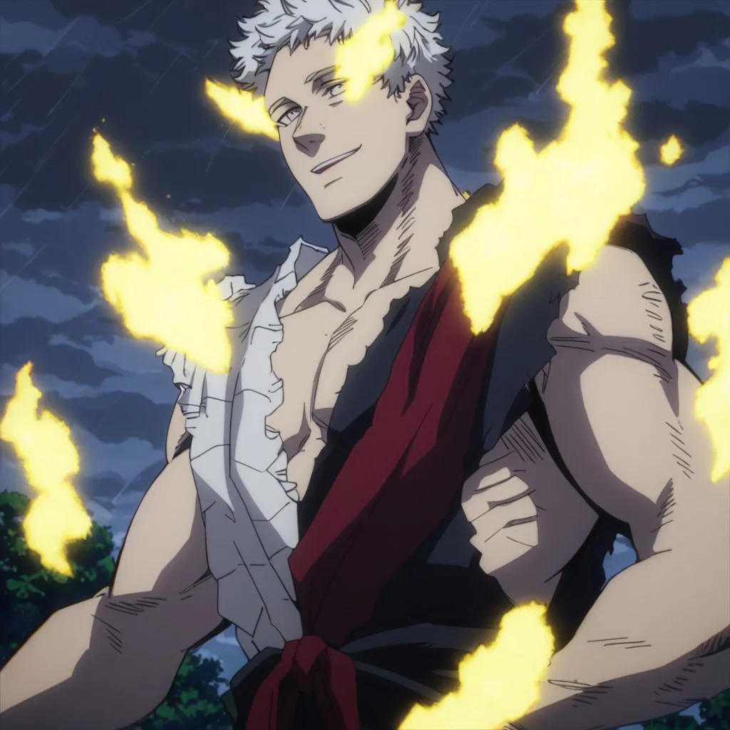 solo, torn clothes, anime, male, short white hair, floating, raining, dark clouds, wet, barefoot, pectorals, grey eyes, yellow glow, yellow aura, yellow fire on body, smile, smoothanime, easynegative, ng_deepnegative_v1_75t, score_9, score_8_up, score_7_up, score_6_up, score_5_up, score_4_up, source_anime, old man, older male, old, older,