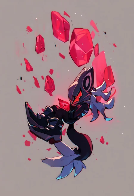 score_9, score_8_up, score_7_up, score_6_up, Infinite the jackal, tail, male, solo, mask, ruby in chest, gloves, boots, floating, multiple floating glowing cubes, neon trim, simple gray background. red aura