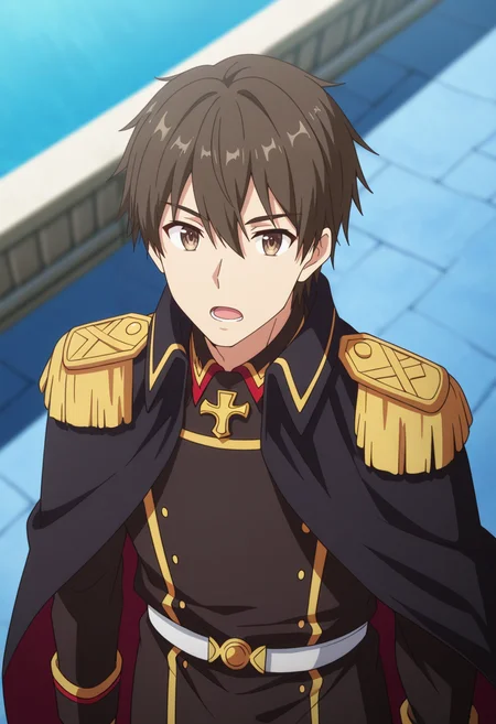 masterpiece, best quality, very aesthetic, high resolution, ultra-detailed, absurdres, newest, scenery, depth of field, anime coloring  , , , 1boy, solo, male focus,  <lora:kazuya_souma_r1:0.80> , kazuya souma, brown hair, brown eyes, short hair, open mouth, long sleeves, hair between eyes, cape, military uniform, epaulettes, black cape, from above